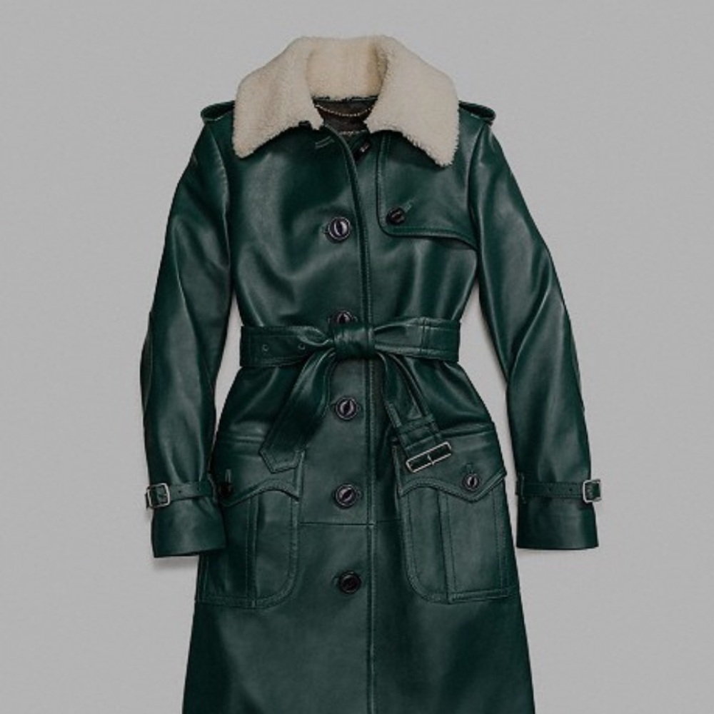 Rare Coach Green Shearling Cream Collar Leather Trench Coat /Jacket Teal Green